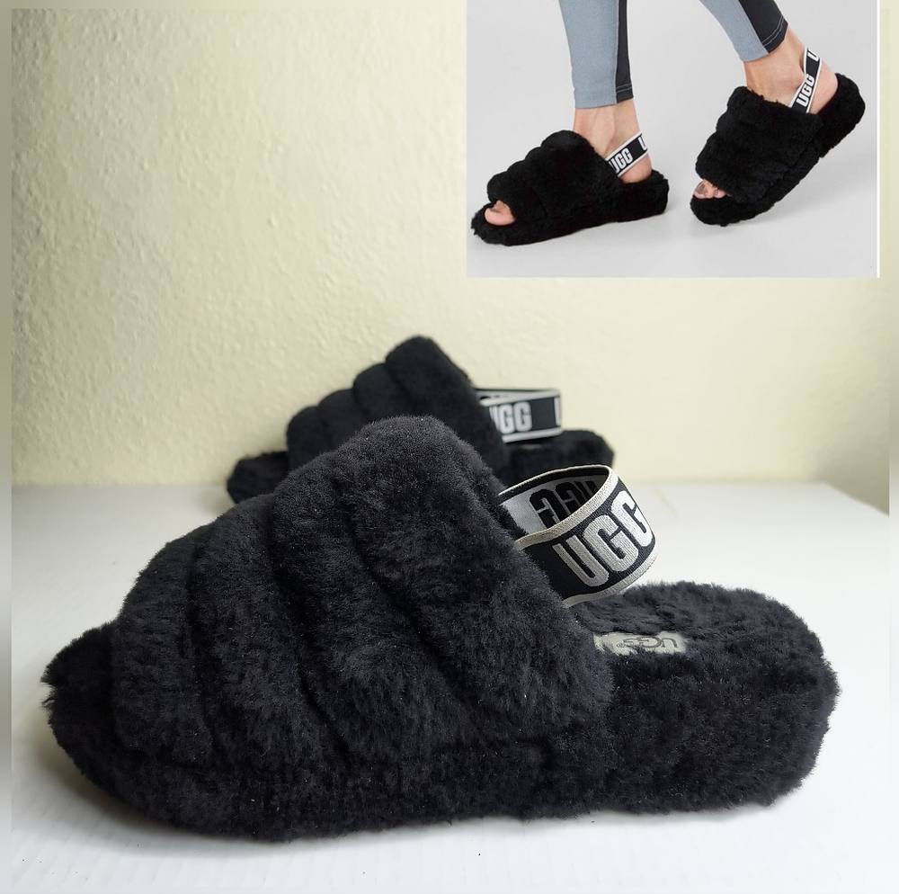 UGG Black Fluff Yeah Size 8 Slide Slipper Plush Cozy Fuzzy Comfort